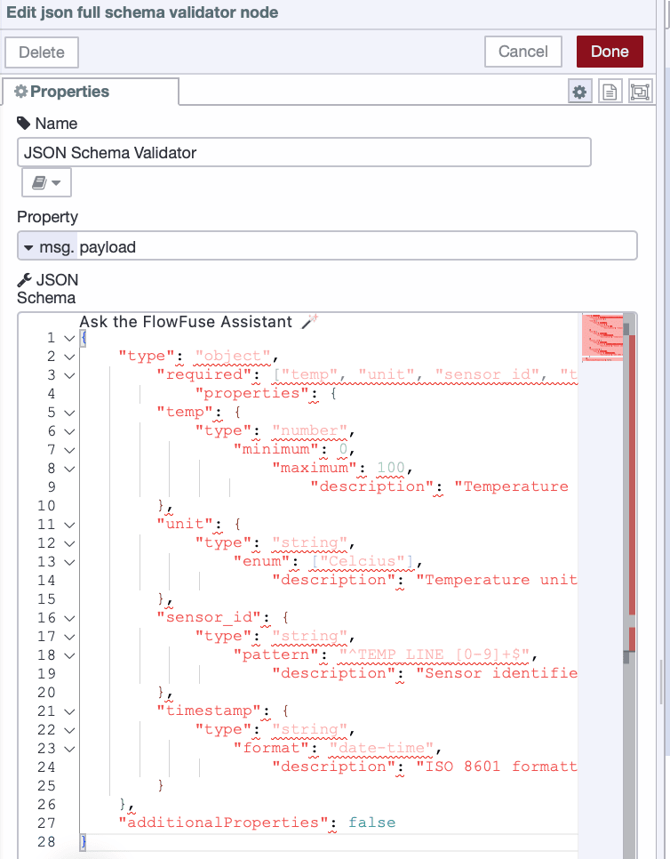 JSON Schema Validator node configured with schema rules