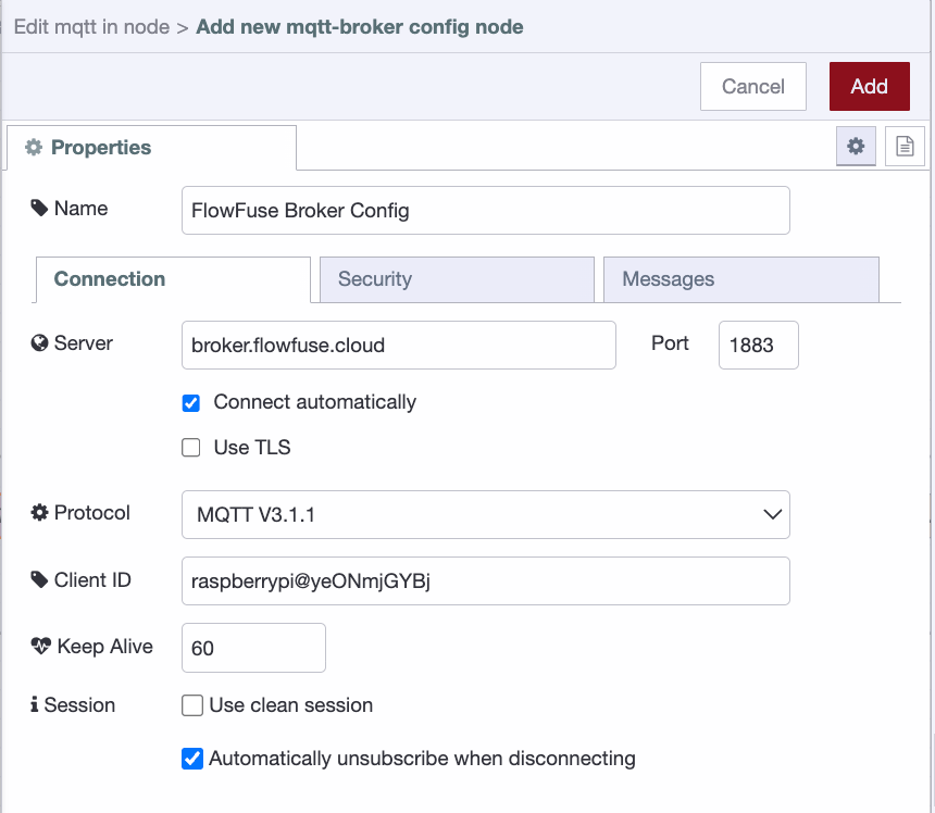 MQTT broker connection settings in Node-RED showing server, port, protocol version, and client ID fields.