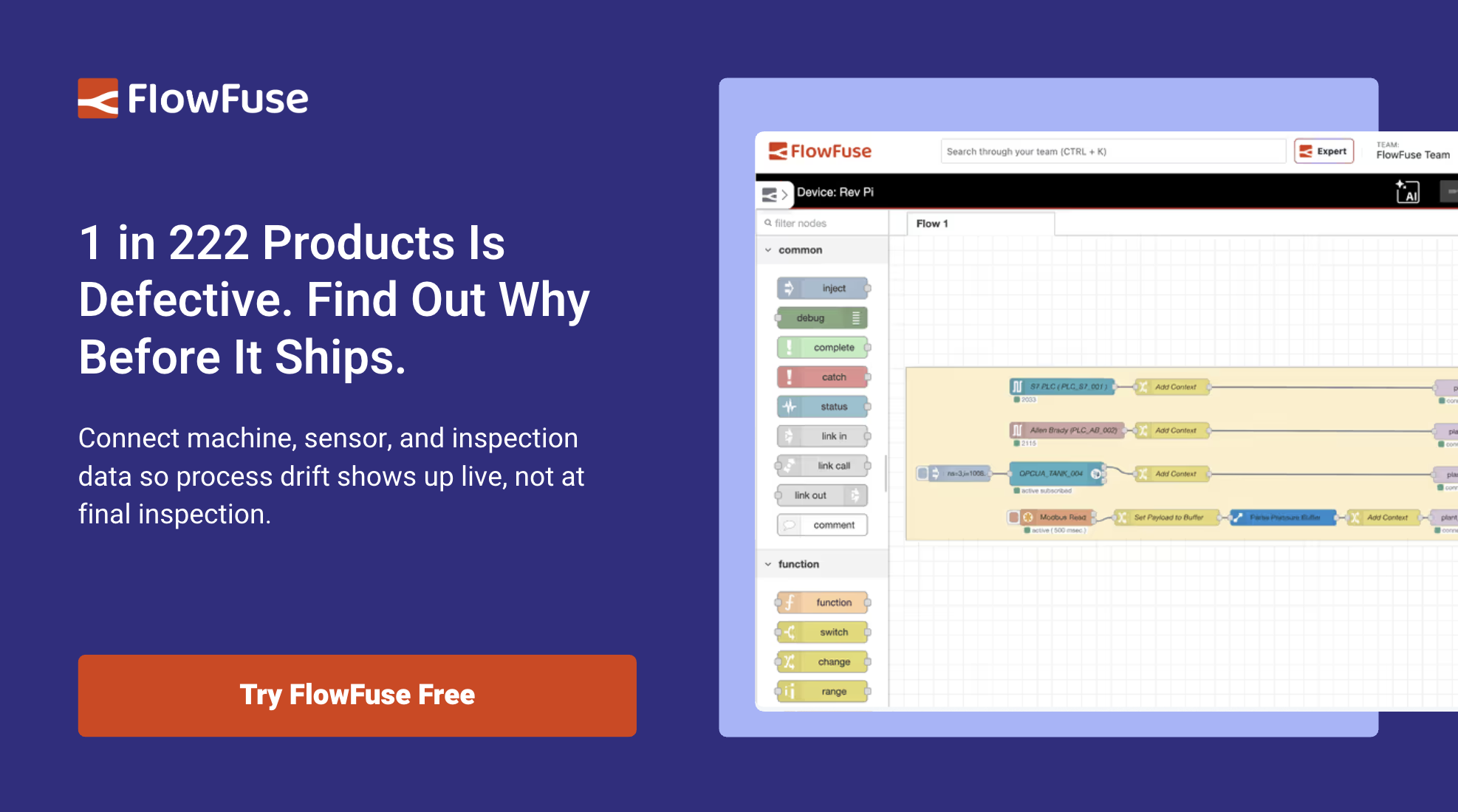 Find out why products are defective before they ship - connect machine and sensor data with FlowFuse